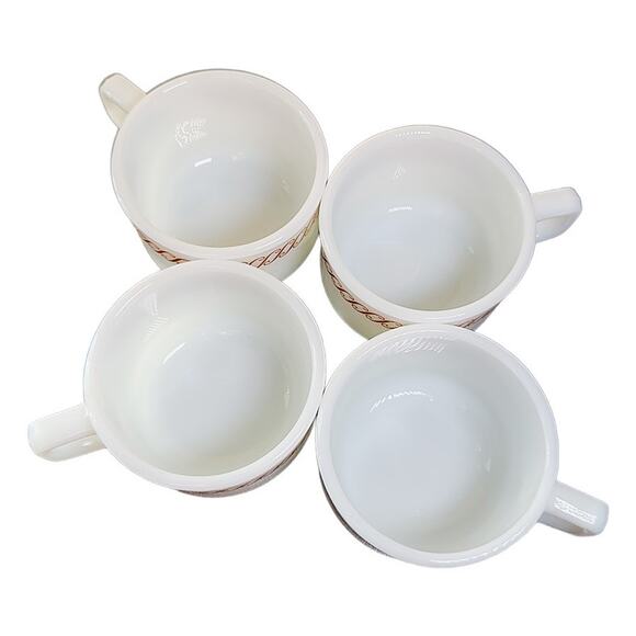 Pyrex Regency Brown Scroll Milk Glass Stackable Diner Coffee Cups Set of 4 - Picture 2 of 9
